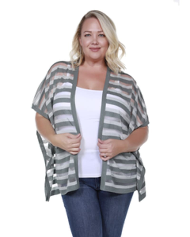 Front of a model wearing a size 1X Sheer Striped Cardigan in SILVER MOSS/FROST by Belldini Black Label. | dia_product_style_image_id:246189